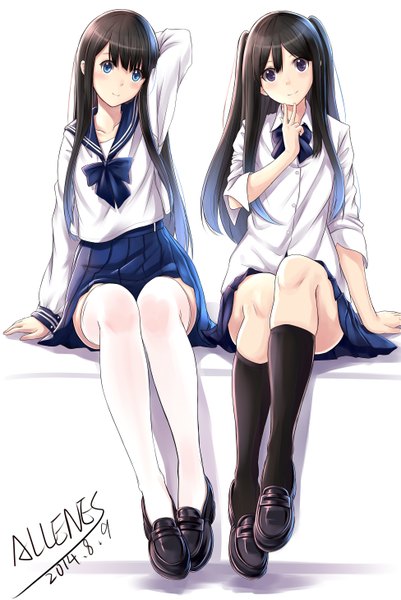 Anime picture 3897x5826 with original allenes long hair tall image looking at viewer blush highres blue eyes black hair smile sitting multiple girls signed absurdres sailor collar girl thighhighs skirt uniform 2 girls