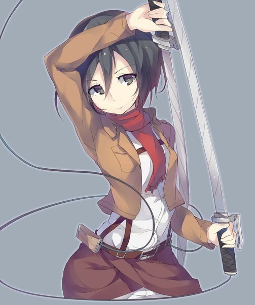 Anime picture 1257x1500 with shingeki no kyojin production i.g mikasa ackerman kuroito (snowflyer) single tall image short hair black hair simple background holding black eyes open clothes open jacket dual wielding girl weapon sword belt scarf thigh strap