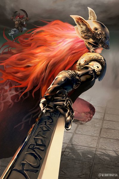 Anime picture 2000x3000 with elden ring dark souls (series) dark souls from software malenia blade of miquella starscourge radahn great grey wolf sif kurotokusa long hair tall image highres holding signed red hair twitter username outstretched arm dual wielding girl boy weapon