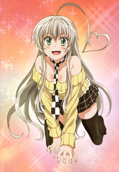 Anime picture 2588x3726 with haiyore! nyaruko-san nyaruko single long hair tall image blush highres open mouth bare shoulders green eyes silver hair ahoge scan girl thighhighs black thighhighs sweater