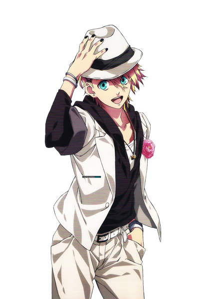 Anime picture 1000x1386 with uta no prince-sama a-1 pictures kurusu shou gikwang single tall image looking at viewer short hair open mouth blonde hair holding nail polish aqua eyes happy transparent background hand in pocket rendered boy flower (flowers) hat