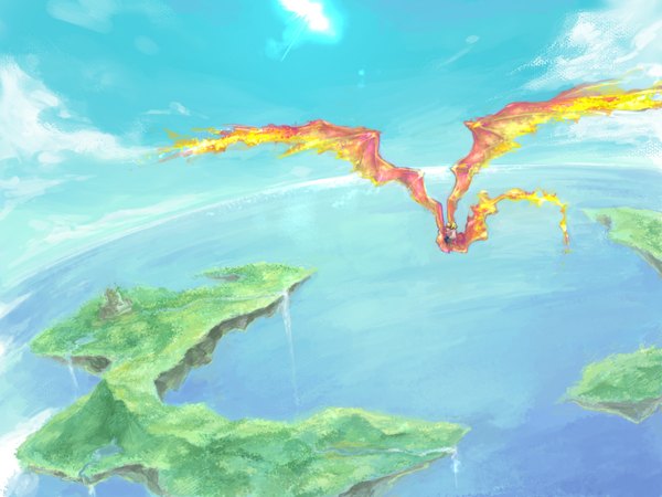 Anime picture 1024x768 with bahamut lagoon sky cloud (clouds) water sea dragon island