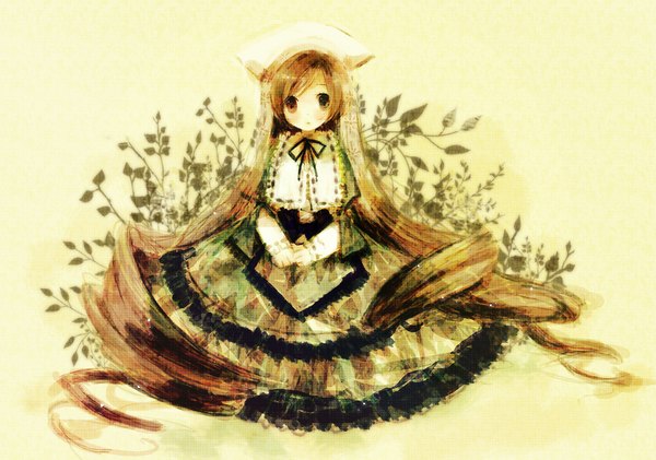 Anime picture 1145x804 with rozen maiden suiseiseki kashiwaba hisano single blush simple background red eyes sitting green eyes very long hair :o heterochromia drill hair girl dress ribbon (ribbons) plant (plants) frills