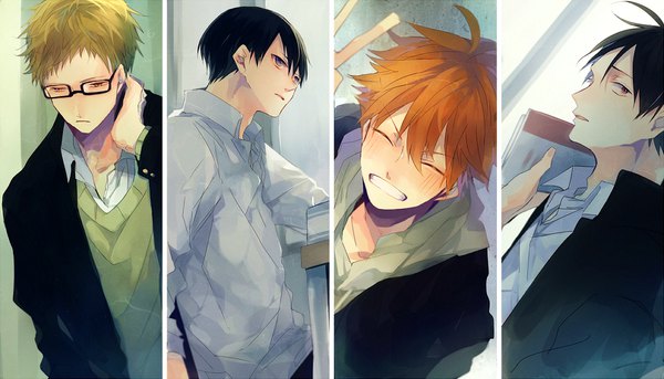 Anime picture 960x550 with haikyuu!! production i.g kageyama tobio hinata shouyou tsukishima kei yamaguchi tadashi hanamori blush short hair black hair blonde hair smile wide image brown eyes eyes closed profile orange hair multiple boys victory multiview