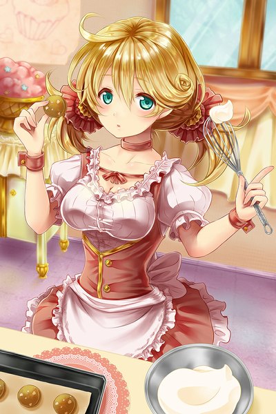 Anime picture 700x1050 with original tamashiro single long hair tall image looking at viewer blush blonde hair twintails green eyes cooking girl dress apron cookie (cookies) cream
