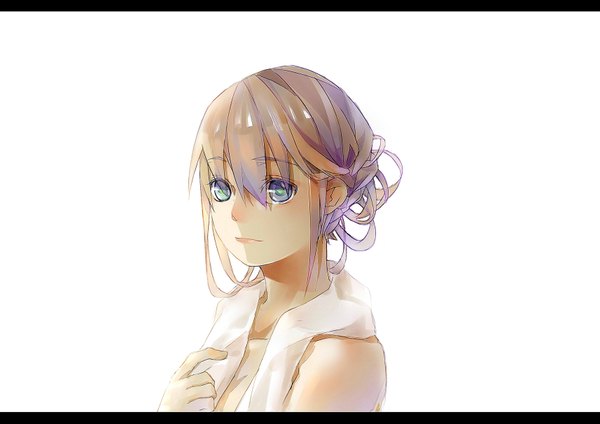Anime picture 1713x1211 with original momozi (mkingnight) single looking at viewer blush highres short hair blue eyes simple background blonde hair white background bare shoulders nude lips portrait letterboxed towel around neck girl towel