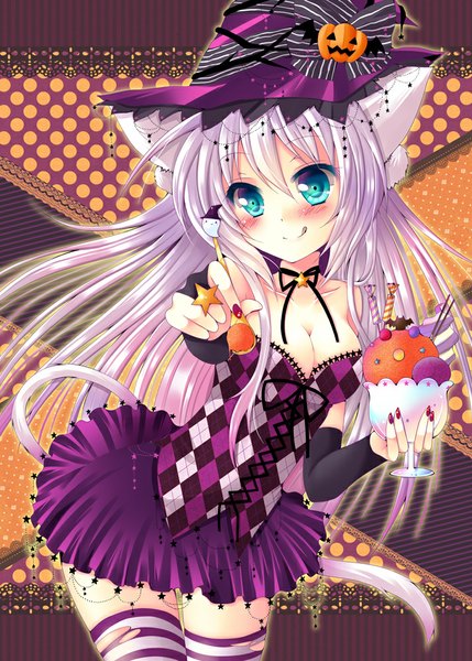Anime picture 715x1000 with original meiya neon long hair tall image blush blue eyes smile animal ears white hair tail animal tail cat ears cat girl cat tail halloween girl thighhighs dress food sweets
