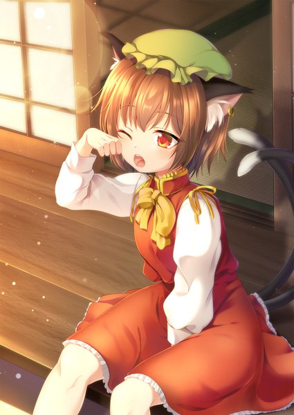 Anime picture 836x1180 with touhou chen nnyara single tall image short hair red eyes brown hair sitting animal ears looking away tail animal tail one eye closed cat ears cat girl cat tail multiple tails sleepy girl