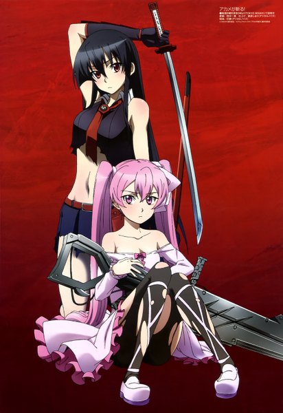 Anime picture 4084x5942 with akame ga kill! white fox megami magazine akame (akame ga kill!) mine (akame ga kill!) long hair tall image looking at viewer highres black hair red eyes purple eyes twintails multiple girls absurdres purple hair official art torn clothes red background torn pantyhose