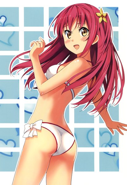 Anime picture 2269x3300 with macchaume single long hair tall image blush highres open mouth light erotic yellow eyes purple hair looking back scan girl swimsuit bikini