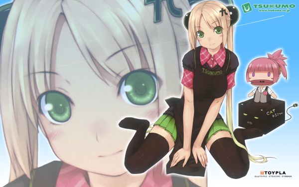 Anime picture 2560x1600 with tsukumo highres blonde hair wide image green eyes chibi solid eyes girl