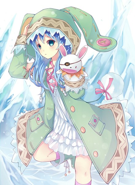 Anime picture 800x1093 with date a live yoshino (date a live) yoshinon foxbird single long hair tall image looking at viewer blush blue eyes simple background standing white background blue hair loli hand on head girl dress socks boots