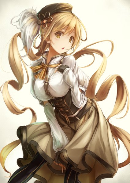 Anime picture 1254x1771 with mahou shoujo madoka magica shaft (studio) tomoe mami fal maro single long hair tall image looking at viewer highres breasts simple background blonde hair large breasts white background twintails yellow eyes very long hair parted lips :o leaning