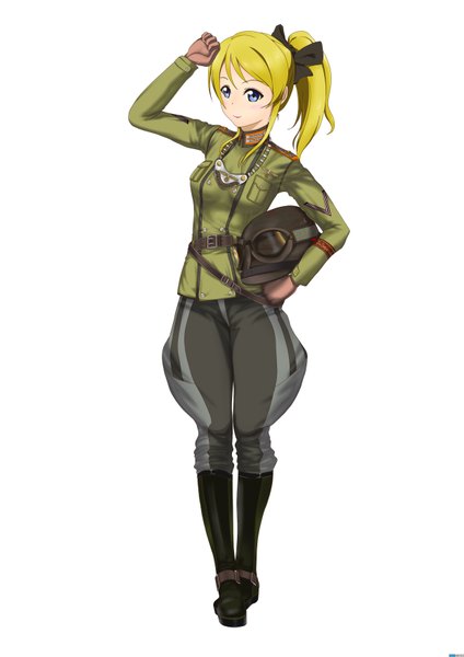 Anime picture 2480x3508 with love live! school idol project sunrise (studio) love live! ayase eli heli single long hair tall image blush highres blue eyes simple background blonde hair white background full body ponytail girl uniform boots military uniform