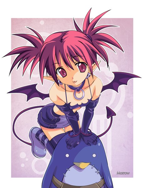 Anime picture 2987x3900 with disgaea etna (disgaea) morrow single tall image highres short hair red eyes twintails bare shoulders red hair tail pointy ears loli thigh gap short twintails demon girl :p demon wings girl