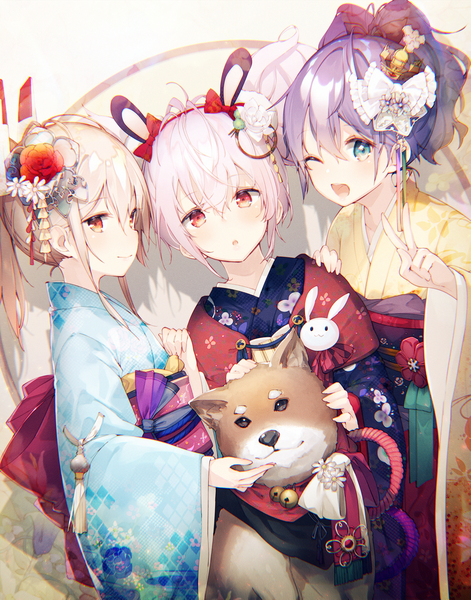 Anime picture 1760x2240 with azur lane ayanami (azur lane) laffey (azur lane) javelin (azur lane) laffey (snow rabbit and candied apple) (azur lane) yatsuha (hachiyoh) long hair tall image looking at viewer blush fringe highres short hair open mouth blue eyes smile hair between eyes red eyes standing multiple girls