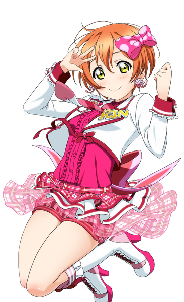 Anime picture 672x1100 with love live! school idol project love live! school idol festival sunrise (studio) love live! hoshizora rin single tall image looking at viewer blush fringe short hair hair between eyes yellow eyes full body orange hair official art character names victory transparent background jumping