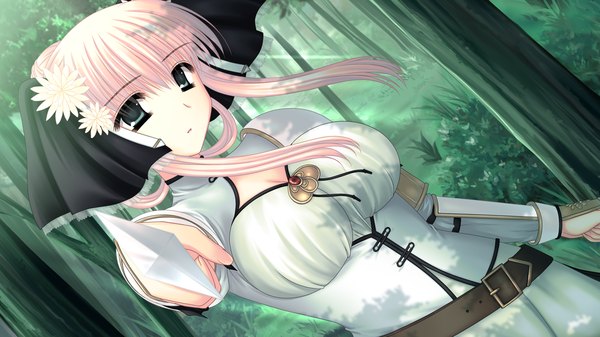 Anime picture 1280x720 with sangoku hime 2 long hair blue eyes wide image game cg white hair hair flower girl dress hair ornament weapon plant (plants) sword tree (trees)