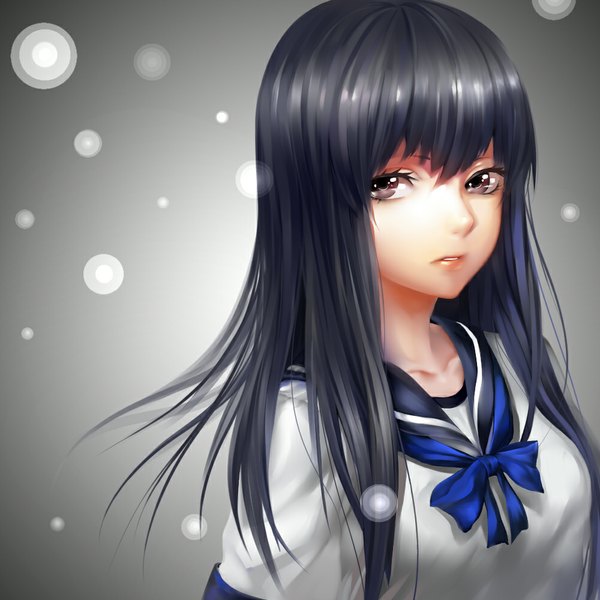 Anime picture 1000x1000 with kantai collection hatsuyuki destroyer pump-uh single long hair looking at viewer black hair purple eyes grey background girl sailor suit