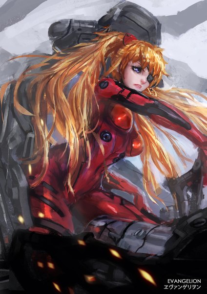 Anime picture 1273x1800 with neon genesis evangelion gainax soryu asuka langley shikinami asuka langley cglas single long hair tall image breasts blue eyes looking away lips orange hair from below leaning two side up leaning forward copyright name girl bodysuit