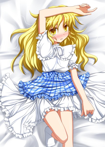 Anime picture 1200x1680 with touhou kirisame marisa mille single long hair tall image looking at viewer blush light erotic blonde hair yellow eyes lying on back embarrassed hand on head girl bedsheet