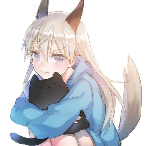 Anime picture 2000x2000 with strike witches eila ilmatar juutilainen yamori (stom) single long hair looking at viewer blush fringe highres simple background hair between eyes white background sitting animal ears bent knee (knees) white hair tail long sleeves animal tail grey eyes