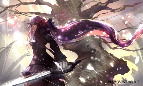 Anime picture 1700x1020 with original pixiv fantasia pixiv fantasia t sishenfan single wide image standing holding sky purple hair very long hair sunlight from below sunbeam girl dress gloves bow weapon plant (plants)