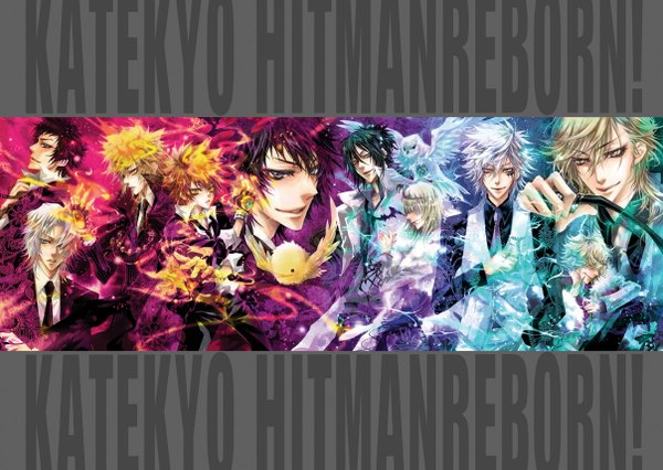 Anime picture 1208x859 with katekyou hitman reborn sawada tsunayoshi hibari kyouya rokudo mukuro gokudera hayato yamamoto takeshi dino cavallone vongola primo giotto belphegor (khr) byakuran hibird rasiel (reborn) hina long hair fringe short hair black hair blonde hair smile brown hair