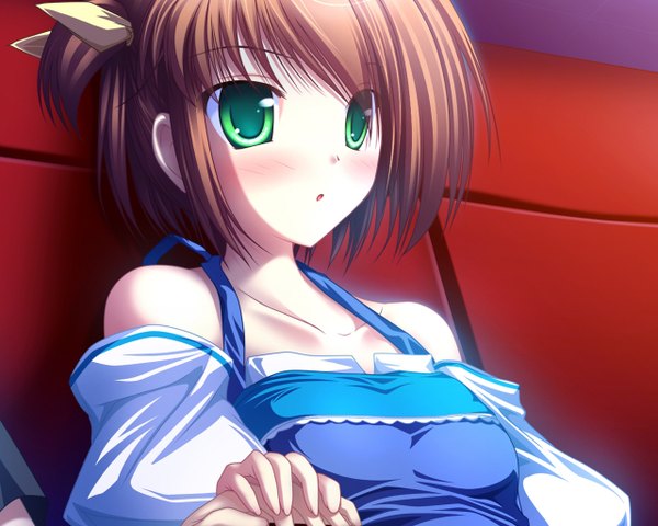 Anime picture 1280x1024 with inakoi midou chihiro tenmaso blush short hair brown hair bare shoulders green eyes holding hands girl detached sleeves