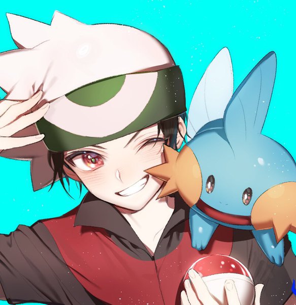 Anime picture 800x823 with pokemon pokemon rse nintendo mudkip ruby (pokemon) zuizi tall image blush short hair black hair simple background smile red eyes upper body one eye closed wink aqua background gen 3 pokemon boy cap