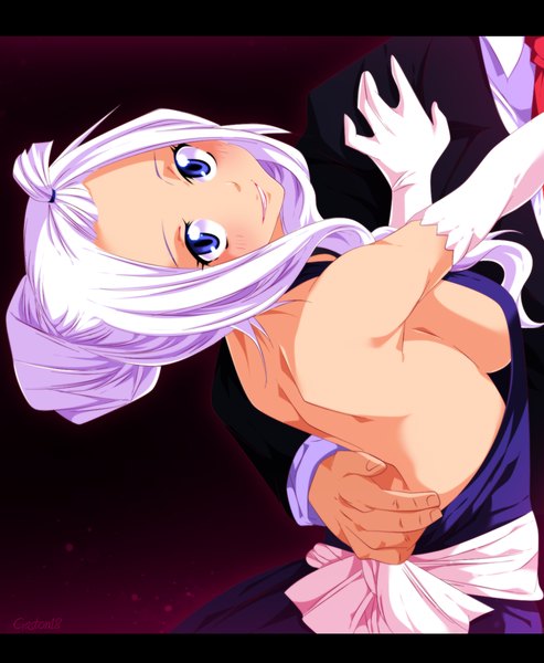 Anime picture 1171x1426 with fairy tail mirajane strauss laxus dreyar tongasart long hair tall image blush breasts blue eyes light erotic smile holding white hair looking back hug coloring letterboxed girl dress boy