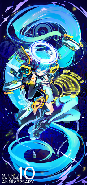 Anime picture 938x2000 with vocaloid hatsune miku krokobyaka single tall image light erotic smile twintails bare shoulders signed full body bent knee (knees) eyes closed very long hair aqua hair tattoo character names glowing weightlessness mechanical