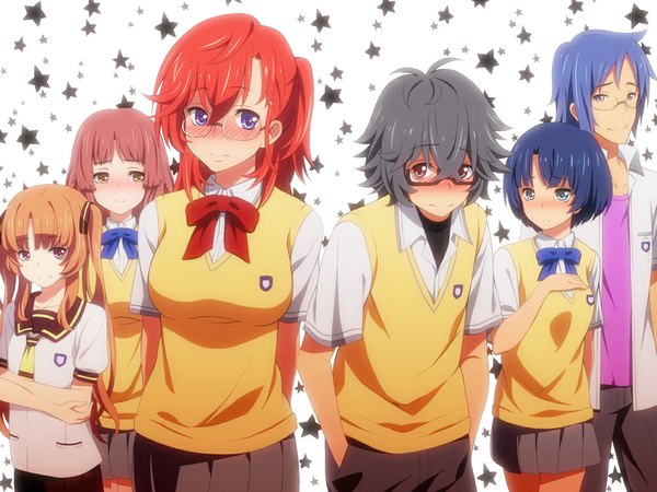 Anime picture 1000x750 with ano natsu de matteru j.c. staff tanigawa kanna takatsuki ichika yamano remon kitahara mio kirishima kaito ishigaki tetsurou laco soregashi long hair blush short hair blue eyes black hair brown hair multiple girls brown eyes yellow eyes blue hair red hair