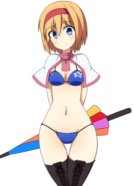 Anime picture 722x1000 with touhou alice margatroid enushi (toho193) single tall image blush fringe short hair breasts blue eyes light erotic blonde hair simple background smile hair between eyes white background looking away cleavage thigh gap groin