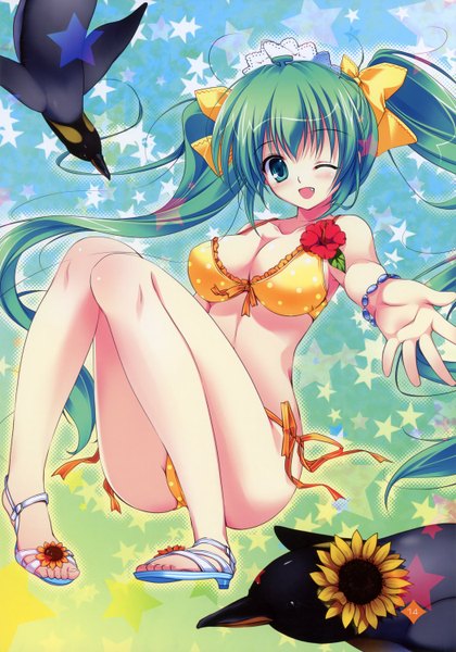 Anime picture 1050x1500 with melonbooks melon-chan mikeou single long hair tall image blue eyes light erotic twintails one eye closed green hair wink girl swimsuit bikini star (symbol) sandals polka dot bikini penguin