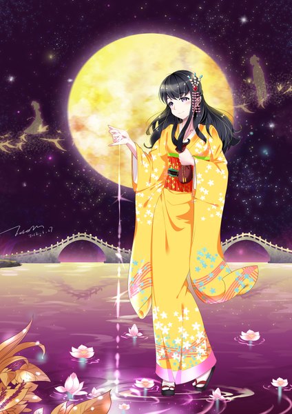 Anime picture 1200x1697 with original totem long hair tall image blush black hair smile purple eyes japanese clothes girl hair ornament flower (flowers) water kimono moon obi bridge
