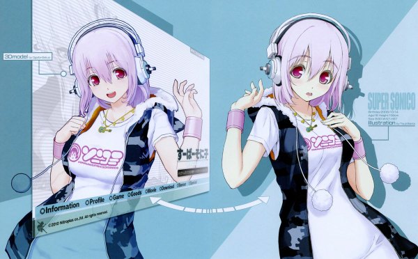 Anime picture 1200x744 with nitroplus super sonico single short hair open mouth wide image pink hair pink eyes girl headphones pendant
