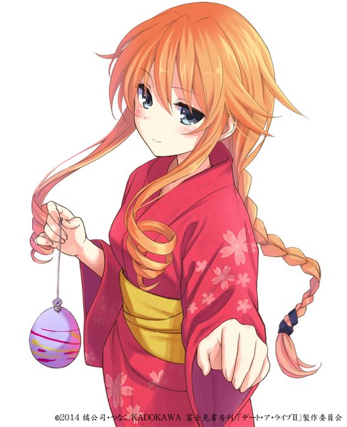 Anime picture 650x800 with date a live yamai yuzuru konoe (vis9191) single long hair tall image blush fringe simple background hair between eyes white background payot braid (braids) traditional clothes japanese clothes light smile from above orange hair grey eyes outstretched arm