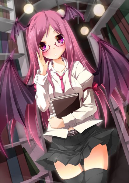 Anime picture 1753x2480 with touhou koakuma nironiro long hair tall image blush highres purple eyes pink hair bat wings head wings girl thighhighs skirt miniskirt wings glasses necktie book (books)
