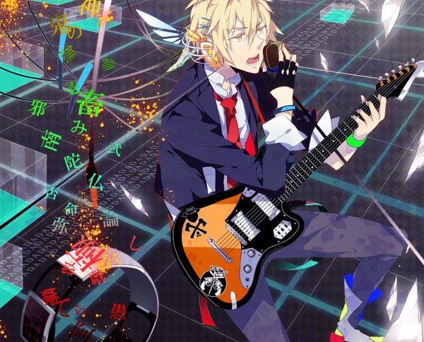 Anime picture 1554x1256 with ao no exorcist a-1 pictures shima kinzou sara666 (roentgen666) short hair open mouth blonde hair orange eyes hieroglyph singing boy hair ornament necktie bobby pin x hair ornament suit microphone guitar wristlet
