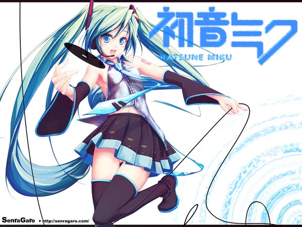 Anime picture 1600x1200 with vocaloid hatsune miku spiral (artist) long hair highres twintails aqua eyes aqua hair armpit (armpits) midriff girl thighhighs skirt detached sleeves necktie