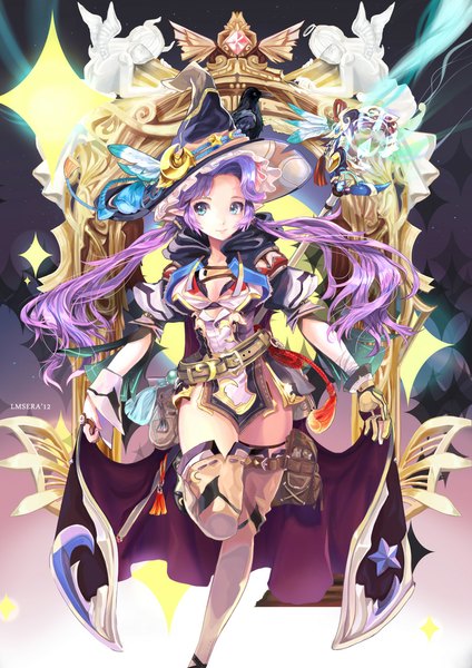 Anime picture 800x1131 with original sera (kpj11) single long hair tall image looking at viewer blue eyes twintails purple hair pointy ears witch girl thighhighs dress hat animal bird (birds) witch hat staff crow