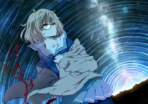 Anime picture 1380x966 with kyoukai no kanata kyoto animation kuriyama mirai hews single short hair blonde hair yellow eyes looking away night milky way girl skirt uniform school uniform glasses blood star (stars) sweater