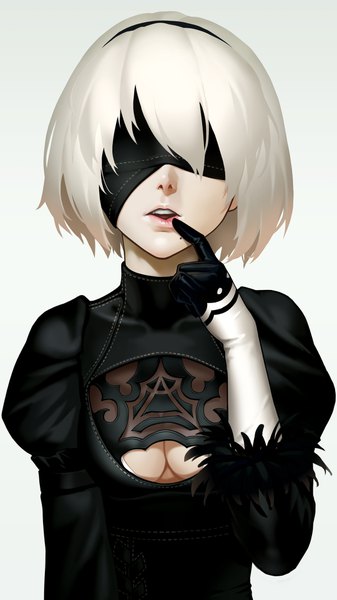 Anime picture 1080x1920 with nier nier:automata yorha no. 2 type b as109 single tall image short hair breasts open mouth light erotic simple background white background upper body white hair lips grey background mole teeth puffy sleeves finger to mouth