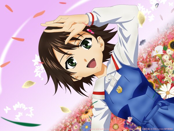 Anime picture 1600x1200 with true tears isurugi noe single looking at viewer fringe short hair open mouth brown hair green eyes sky upper body outdoors long sleeves arm up wind happy horizon girl dress flower (flowers)