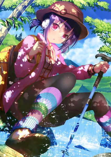 Anime picture 2120x3000 with original eshi 100-nin ten hayakawa harui single long hair tall image looking at viewer highres purple eyes purple hair scan girl plant (plants) hat tree (trees) jacket boots headphones