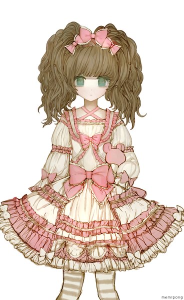 Anime picture 525x854 with original memipong single long hair tall image fringe simple background brown hair standing white background twintails green eyes signed blunt bangs frilled dress lolita fashion sweet lolita girl dress bow