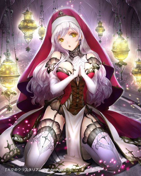 Anime picture 960x1200 with original esha single long hair tall image open mouth light erotic yellow eyes white hair nun girl thighhighs dress gloves white thighhighs elbow gloves white gloves