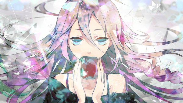 Anime picture 1000x563 with vocaloid ia (vocaloid) tagme (artist) single long hair looking at viewer blue eyes wide image bare shoulders pink hair braid (braids) twin braids girl apple