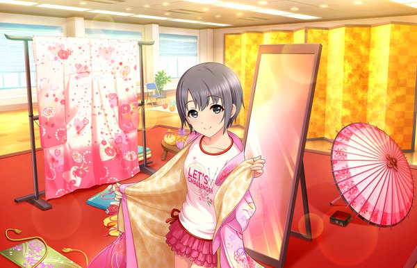 Anime picture 1280x824 with idolmaster idolmaster cinderella girls otokura yuuki single looking at viewer blush short hair smile standing traditional clothes japanese clothes from above grey hair grey eyes skilled hanagasa performer girl skirt miniskirt kimono umbrella